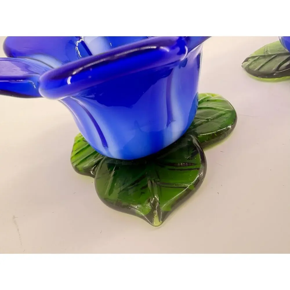 Vintage Cobalt Blue Glass Flower Candle Holders Green Leaf Boho Decor Set of 2